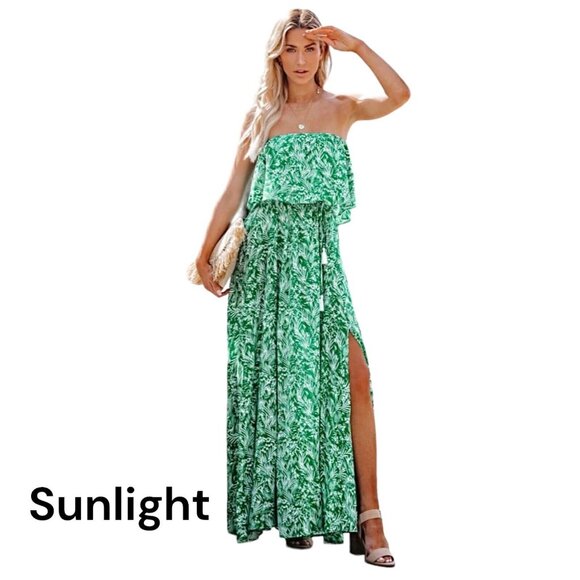 Japna Boho Tropical Strapless Maxi Sundress -Women SZ M -Tazzel Tie -Front Slits - Picture 7 of 14